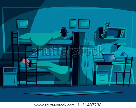 College dormitory vector illustration of classmates sleeping on bunk bed at night. University student hostel interior background with furniture, computer laptop on table, bookshelf and chair