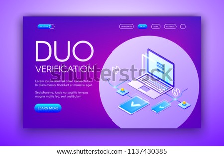 Duo verification vector illustration of computer and smartphone with dual authentication for private data access. Smart devices and security password technology on purple ultraviolet background