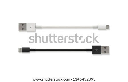 USB micro cable vector illustration of realistic 3D isolated white and black connector for mobile phone or smartphone charging or PC devices connection