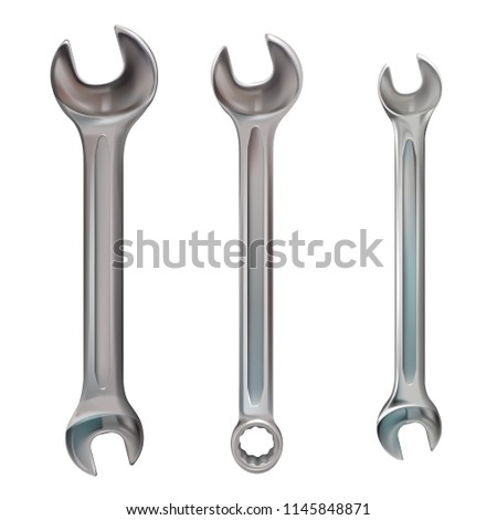 Wrench vector illustration of realistic 3D metallic mechanic tool. Isolated metric spanners for bolts and nuts or toolbox elements