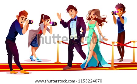 Vector cartoon couple of famous celebrities on red carpet with paparazzi isolated on white background. Photographers with cameras work with rich superstars for mass media on premiere, ceremony show.