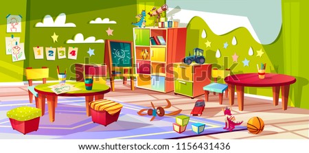 Kindergarten or kid room interior vector illustration. Empty cartoon background with child toys, tables or soft chairs and drawer boxes or pencils for drawing and painting