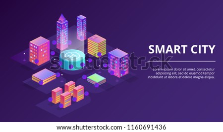 Smart city vector illustration of town infrastructure and modern buildings. Isometric innovation technology concept for residential houses and business offices in on purple ultraviolet background