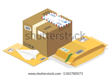 Vector realistic isometric illustration, a set of postal parcels, packages, registered letters, mails ready for fast delivery to the recipient, isolated on white background