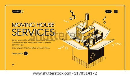 Moving house services vector web banner with home furniture in cardboard box isometric line art illustration on yellow background. Small transport company or door-to-door removals startup landing page