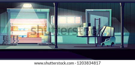 Commercial warehouse cartoon vector with worker carrying cargo with forklift truck through opened storehouse gates illustration. Working at night shift, overtime work, 24-hour delivery service concept