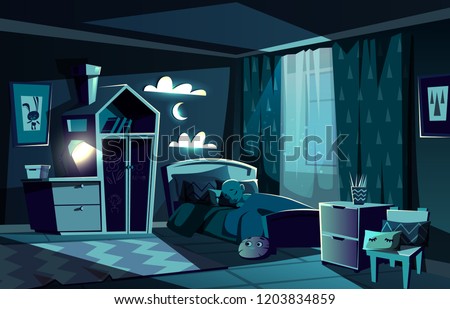 Lit by moonlight children room with little boy sleeping in cosy bed with nightlight lamp on cartoon vector illustration. Children bedroom at moonlit night. Child sweet dreams and healthy sleep concept