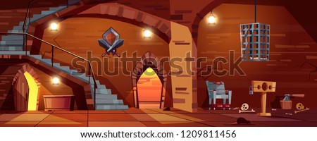 Vector cartoon background with medieval torture hall, Romanesque room of executioner. Prison in cellar with stairs, bones on the floor. Scaffold, torment chair and metal hanging cage for punishment.