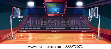 Basketball court with wooden floor, scoreboard on ceiling and empty fan sector seats cartoon vector illustration. Modern indoor stadium illuminated with spotlights. Sports arena or hall for team games