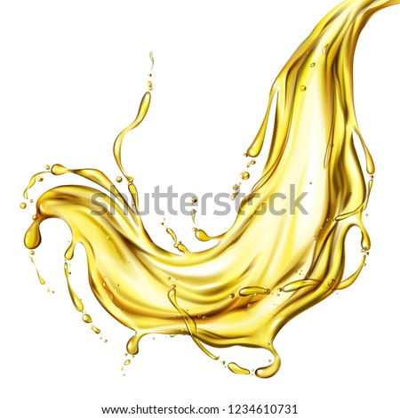 Vegetable sunflower or olive oil frozen motion splash with droplets and bubbles 3d realistic vector isolated on white background. Spilled petroleum, liquid honey, fresh fruit juice flow illustration