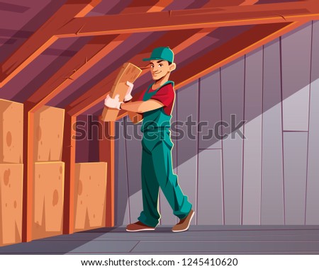 Building thermal or acoustic insulation, dwelling heat loss minimizing cartoon vector illustration. Construction company worker putting mineral wool between wood beams in house walls or roof overlap