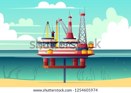 Semi-submersible oil platform, sea-based offshore drilling rig cross section cartoon vector illustration. Oil, gas extraction on continental shelf. Petroleum industry technologies. Deep-sea drilling