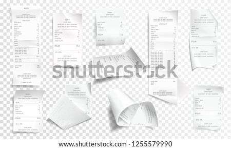 Vector realistic receipt collection, white paper with payment isolated on transparent background. Creased financial printout for shop, store. Retail bill, rumpled commercial check or invoice.