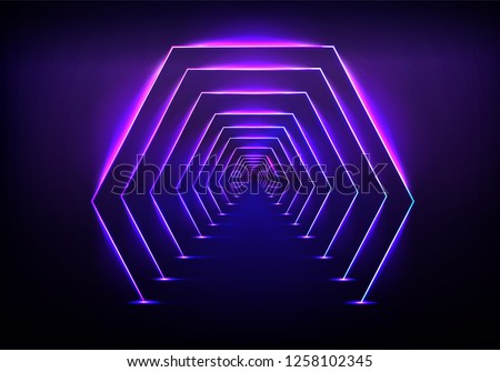 Endless tunnel optical illusion, science fiction rocket launching runway or teleport illuminating fluorescent neon light realistic vector illustration. Abstract futuristic background with light effect