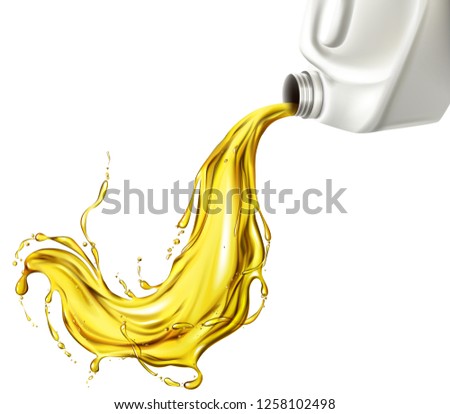 Engine synthetic or mineral oil, car lubricant spilling with splash from white blank bottle, canister realistic vector illustration isolated on white background. Automotive industry chemistry product