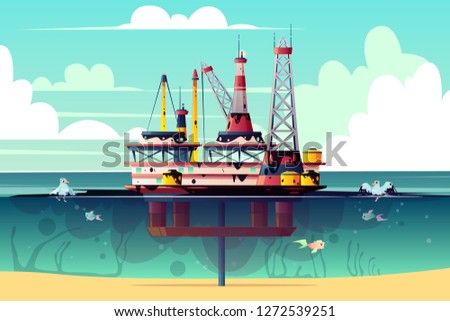 Vector cartoon illustration of oil rig in ocean, sea. Offshore derrick with pollution - environmental problem, contamination, ecological catastrophy. Energy concept, industrial.