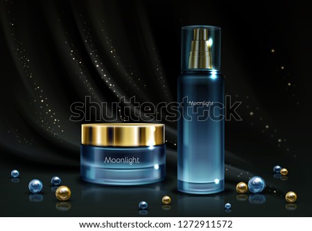 Womens night cosmetics line 3d realistic vector. Perfumes in branded bottle of blue glass and moisturizing cream jar with golden cap on black silk background with scattered around perls illustration