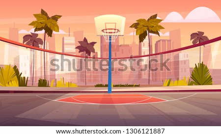 Vector cartoon background of basketball court in tropic city. Outdoor sports arena with basket for game. Street playground in town. Backdrop with green trees, palms and skyscrapers.