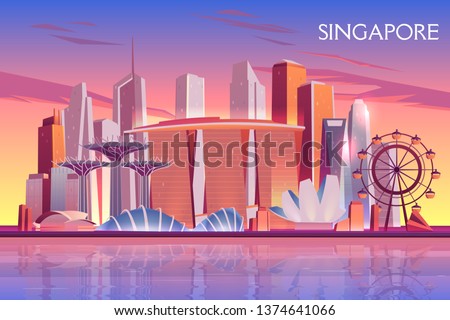 Singapore evening, morning skyline with futuristic skyscraper buildings on city bay illuminated with setting, raising sun cartoon vector background. Asian metropolis touristic attractions illustration