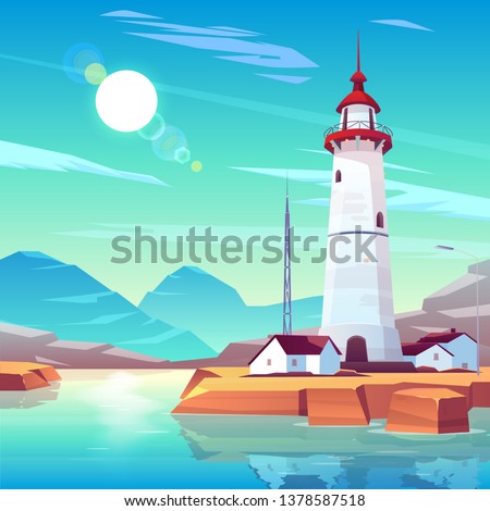 Lighthouse standing on rocky seashore surrounded with houses and tv tower under sun shining in cloudy sky. Marine landscape with white beackon on seaside. Tranquil nautical cartoon vector illustration