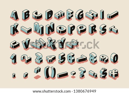 English alphabet isometric vector set with latin ABC letters, special symbols, punctuation marks and arabic figures standing on edge, ling on background pop art, retro colors illustration collection Foto stock © 