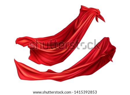 Red cloaks superhero costume with hoods set. Silk flattering capes side view on different positions isolated on white background. Carnival, masquerade dress 3d realistic vector illustration, clip art