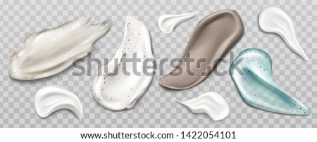 Scrub or cream smears swatch set. Cosmetics beauty skin care product strokes isolated on transparent background, foundation, milk, lotion, gel, drops texture Realistic 3d vector illustration, clip art Foto d'archivio © 