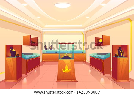 Luxury jewellery store trading room cartoon vector empty interior with precious, elegant necklaces on shelves, golden crown with red gems or rubies under glass showcase in exhibition hall illustration