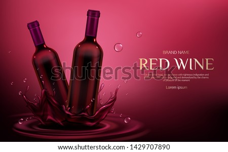 Red wine bottles mockup. Two closed glass blank flasks mock up with alcohol vine drink stand on burgundy liquid splash and drops, advertising promo banner background Realistic 3d vector illustration