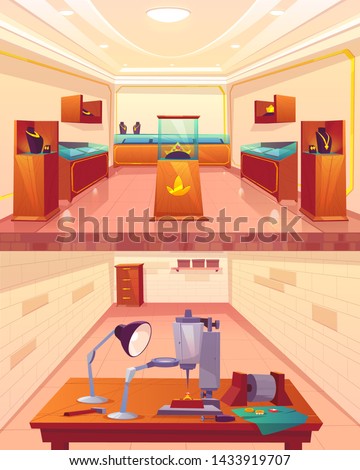 Jewellery store and jewelry repair shop cross section view, empty interior of trading room with precious necklaces on shelves at top floor, goldsmith workplace in cellar. Cartoon vector illustration