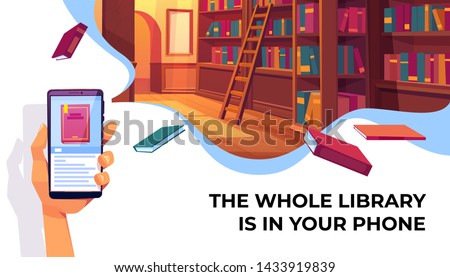 Online library app for reading, banner. Hand holding smartphone with electronic book store application on background with bookshelves, digital technologies in education. Cartoon vector Illustration