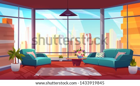 Living room with panoramic window interior, cozy spacious apartment with couch, armchair, coffee table and floor-to celling glass wall with city view, modern luxurious loft. Cartoon vector illustration