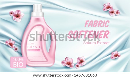 Fabric softener bottle with sakura flower extract promotional poster template. Pink cherry blossom petals, laundry detergent package on silk light blue background. Realistic 3d vector illustration Foto stock © 