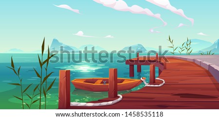 Wooden pier and boat on river natural landscape, wharf with ropes and reed growing in water on picturesque lake background with mountains view. Cartoon vector illustration