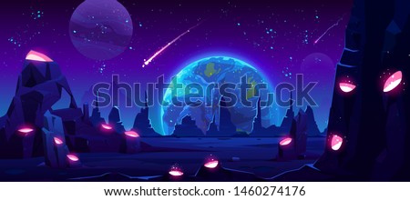 Earth view at night from alien planet, neon space background with falling meteor in dark starry sky, fantasy extraterrestrial landscape with craters full of glowing liquid, Cartoon vector illustration