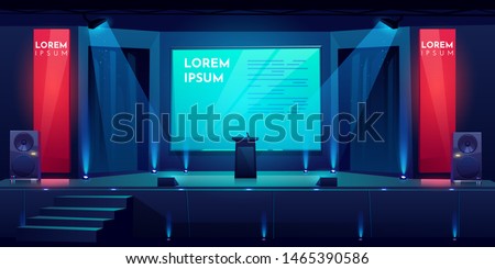 Conference hall, stage for presentation, empty dark scene interior with tribune, microphone, glowing spotlights illumination, huge screen and acoustic dynamics by sides, Cartoon vector illustration