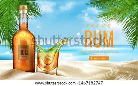 Rum bottle and glass with ice cubes and splash stand on sandy beach at seascape background with palm leaves, mockup banner. flask with cold condensation water drops, Realistic 3d vector illustration