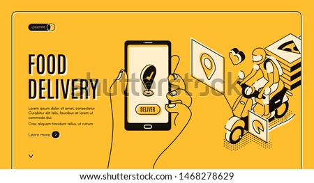 Food delivery service isometric landing page. Mobile city bike transportation, Online shipping application, hand hold smartphone with gps mark on screen, 3d vector illustration, line art, web banner