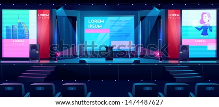 Hall for business conferences, investment projects presentations, shareholders event or meeting with slides on projection screens, sittings rows and tribune on stage cartoon vector illustration