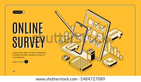 Online survey isometric web banner, stylus pen put mark on digital document checklist at tablet screen, customer questionnaire, feedback service internet technology. 3d vector landing page, line art