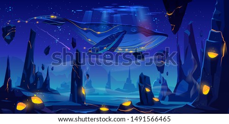 Fantasy dream, space fairy tale background with huge whale flying in night neon sky over phantasmagoric alien planet surface with rocks and craters full of glowing lava. Cartoon vector illustration