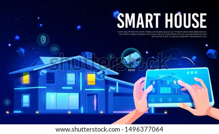 Smart house security technology with CCTV cameras records online viewing, keyless access with fingerprint door opening, room light on, off remote control options cartoon vector banner, poster template