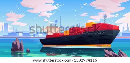 Cargo ship in sea port dock, industrial vessel with containers freight in harbor shipyard, goods import and export maritime logistic service Commercial ocean transportation Cartoon vector illustration