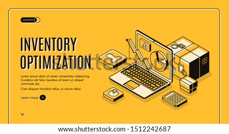 Inventory optimization isometric landing page. balancing capital investment constraints service-level goals large assortment of stock keeping units 3d vector illustration, line art web banner template