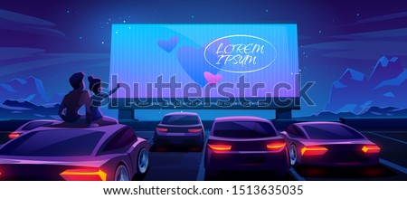 Couple at car cinema. Romantic dating in drive-in theater with automobiles stand in open air parking at night. Loving man and woman sitting on auto roof watching love movie Cartoon vector illustration