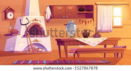 Old russian kitchen empty interior with traditional stove, wooden table, bench, cuckoo-clock, samovar, grip, shelf with pots, jug, rag on floor and window. Rural room decor Cartoon vector illustration