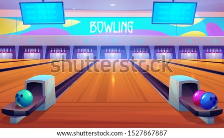 Bowling alleys with balls, pins and scoreboard screens. Empty club interior with skittles on lane, place for entertainment, leisure and sport tournaments. Recreation hobby. Cartoon vector illustration