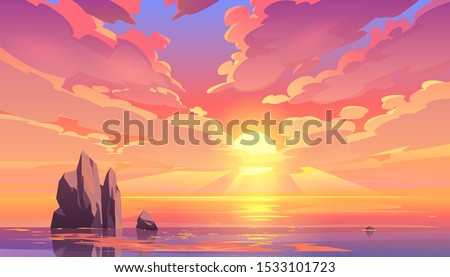 Sunset or sunrise in ocean, nature landscape background, pink clouds flying in sky to shining sun above sea with rocks sticking up of water surface. Evening or morning view Cartoon vector illustration