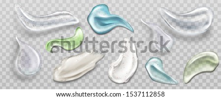 Scrub and gel smears swatch set. Cosmetics beauty skin care product strokes isolated on transparent background, cream, peeling, milk, lotion, drops texture Realistic 3d vector illustration, clip art