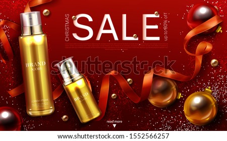 Cosmetics christmas sale banner, gift beauty product gold cosmetic pump tubes on red xmas or new year background with festive decoration baubles ribbon and sparkles. Realistic 3d vector illustration